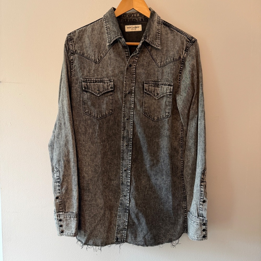 Saint Laurent Paris Mens Acid Wash Grey Denim Western Shirt Raw Hem XS 500763
